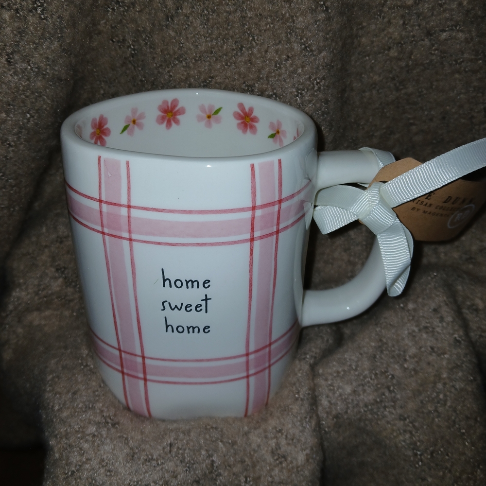 Rae Dunn Pink Plaid Mug with Floral Interior